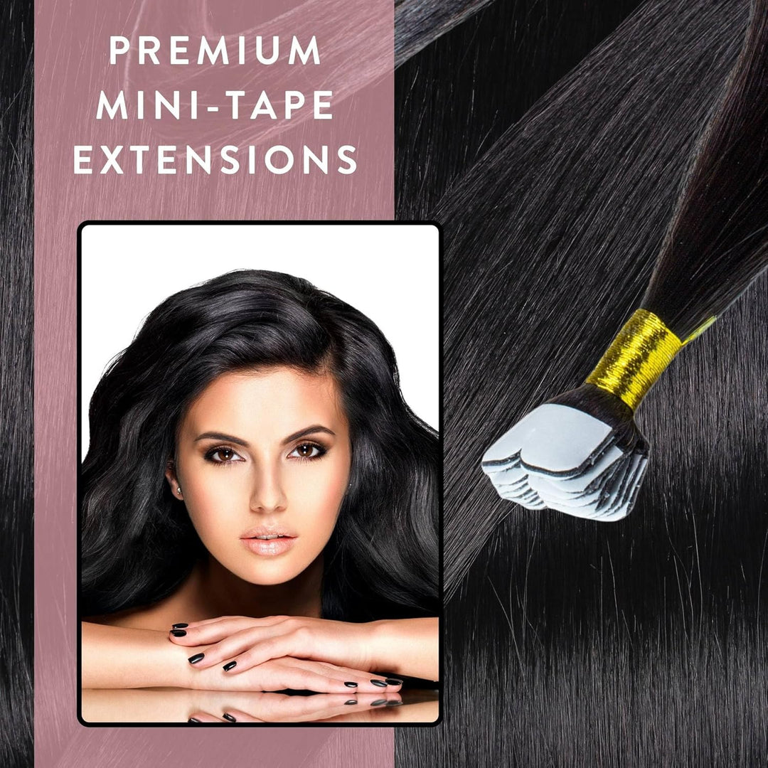 hair2heart Premium Mini Tape Extensions Echthaar - 12 Tapes 40cm 2/0 schwarz 40cm 12 Strähnen #1 Sch