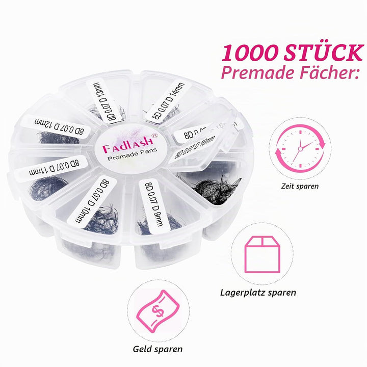 Russische Vorgefertigte 8D 0.07 D Curl 9-16mm Mixed 1000pcs Wimpern Extensions Promade Russische Fäc