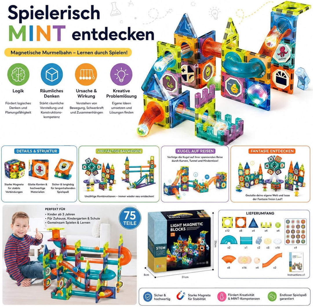 LightCube Magnetspielbausteine, (kreatives Spielset, 75 St., Kombiniertes BAU- und Kugelbahnsystem),