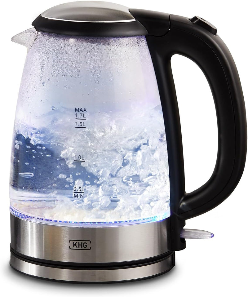 KHG WK-1715GES Wasserkocher Glas. LED, 1,7 Liter, Kalkfilter, Trockengehschutz & Abschaltautomatik,