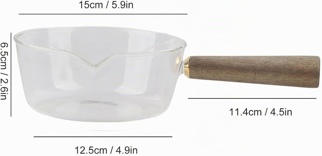 Stielkasserolle, Glas Milchtopf mit Holzgriff Kochtopf Stieltopf Nudeltopf mit V-förmige Tülle Sauce