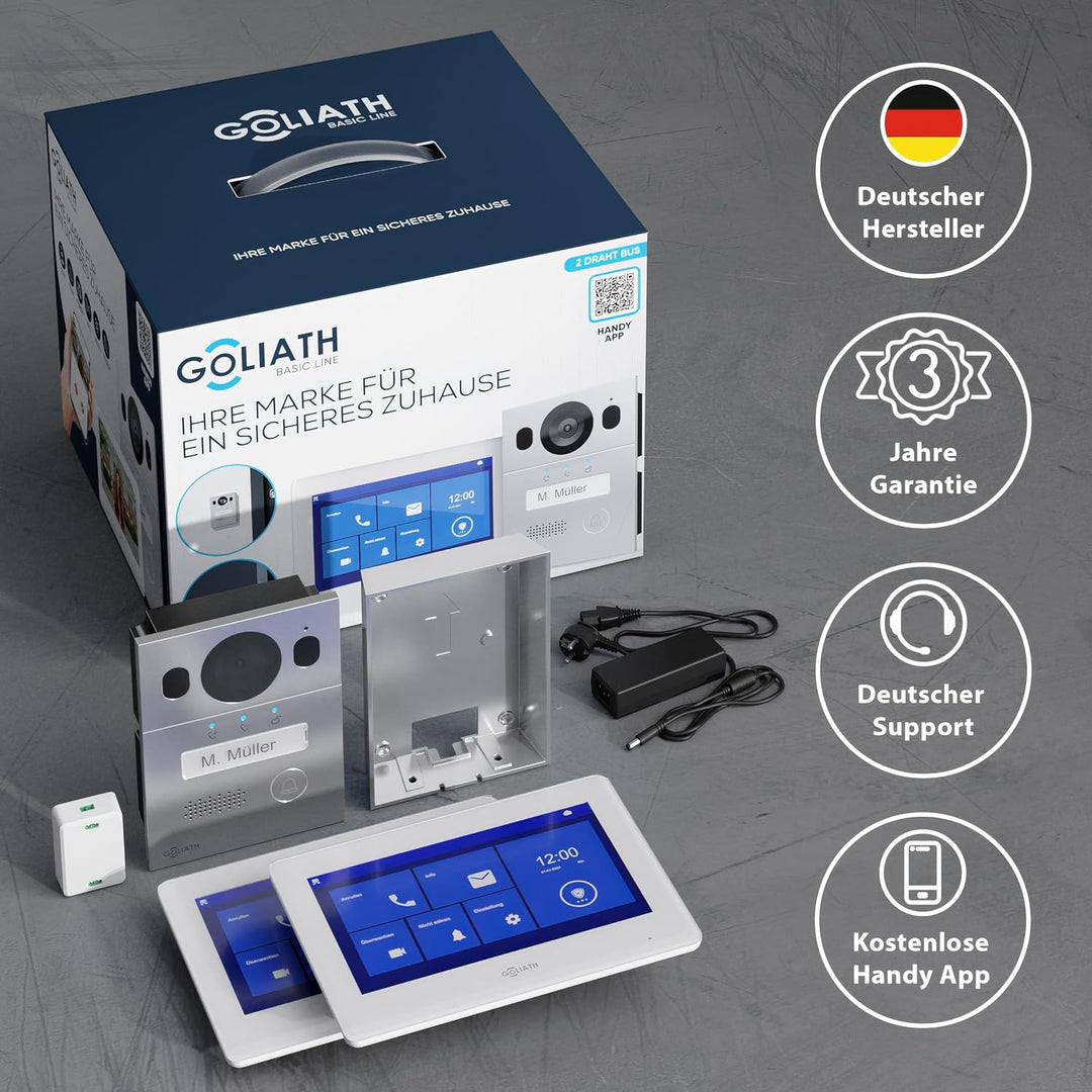 Goliath Basic Video Türsprechanlage, 2 Draht Bus, 2X 7 Zoll Monitor, Aufputz Türklingel mit Kamera,