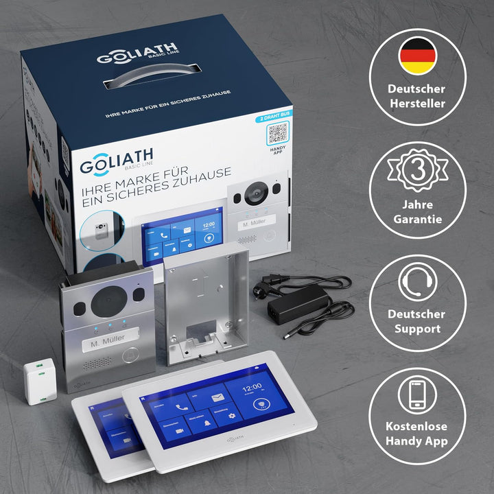 Goliath Basic Video Türsprechanlage, 2 Draht Bus, 2X 7 Zoll Monitor, Aufputz Türklingel mit Kamera,