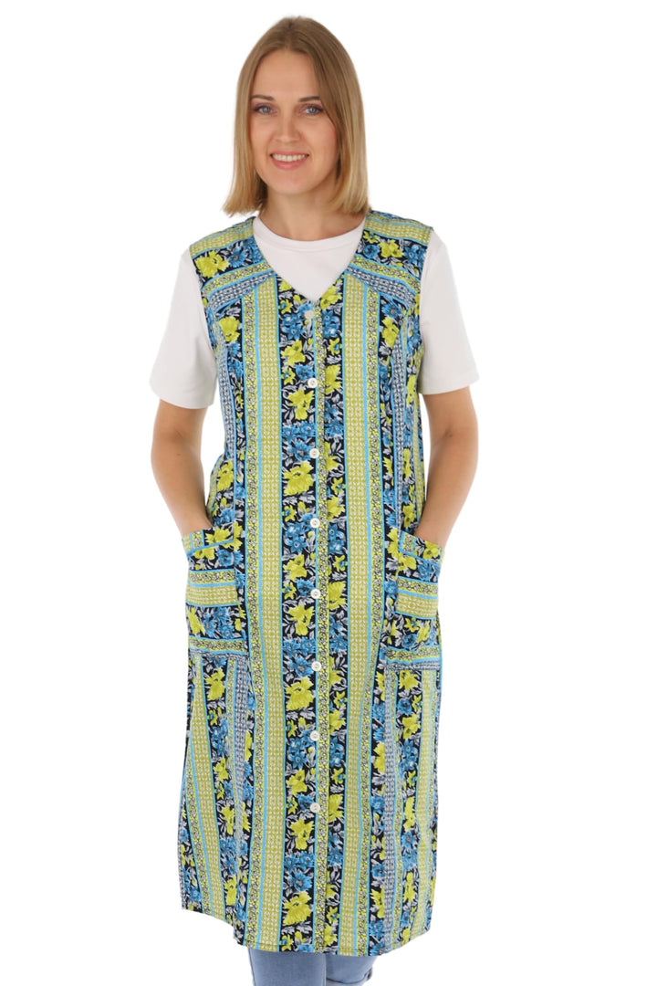 Knopfkittel Baumwolle bunt Kochschürze Hauskleid Kittel Schürze ohne Arm 46 Grün, 46 Gr&amp;