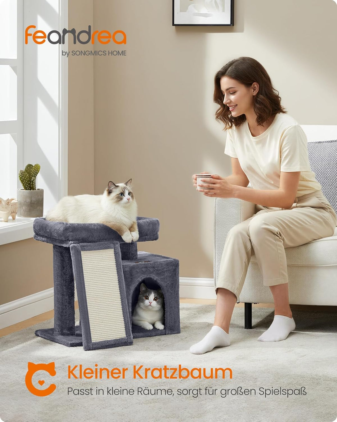 Feandrea Kratzbaum klein, Katzenbaum mit Kratzrampe und grosser Plattform, Katzenkratzbaum mit Höhle