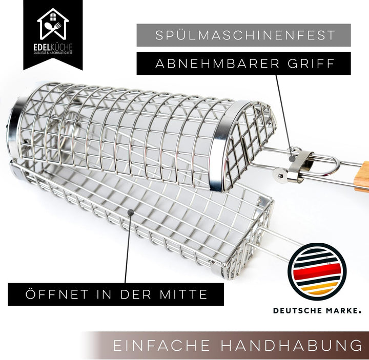 EdelKüche Premium Grillkorb aus Edelstahl für Gemüse und Fleisch | XXL, Rund, Zylindrisch, Gross | D