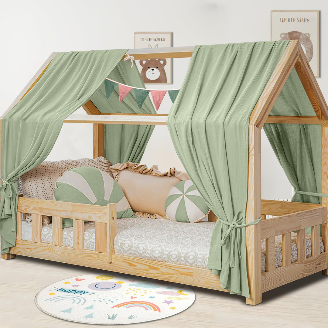 Hausbett Himmel Deko Set, Betthimmel Hausbett aus Musselin - 2 Betthimmel & 1 Wimpelkette, für Junge