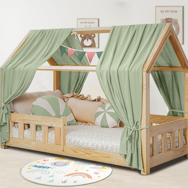Hausbett Himmel Deko Set, Betthimmel Hausbett aus Musselin - 2 Betthimmel & 1 Wimpelkette, für Junge