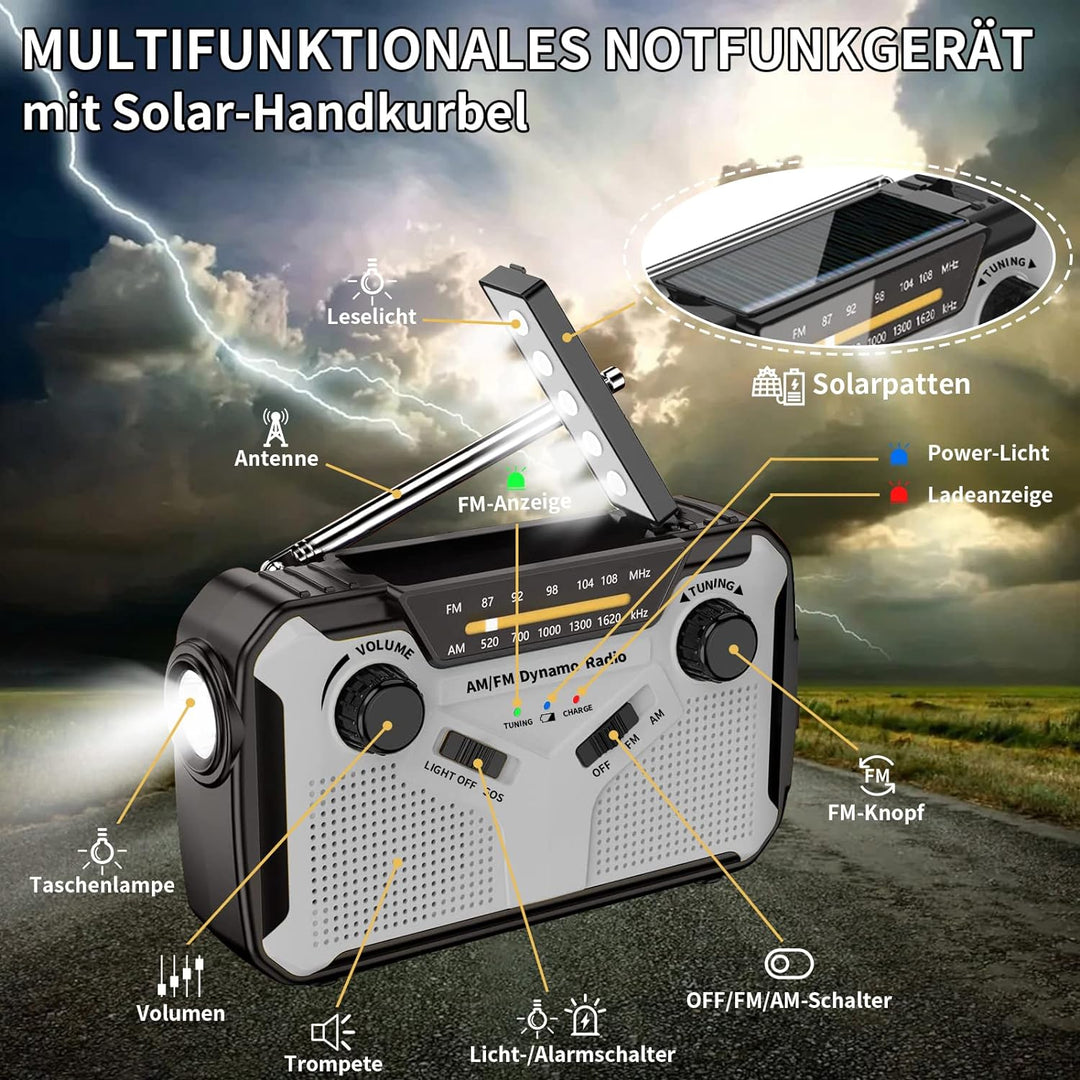 Solar Radio, AM/FM Tragbar Kurbelradio Dynamo Notfallradio mit 4000mAh Wiederaufladbare Batterie, Le