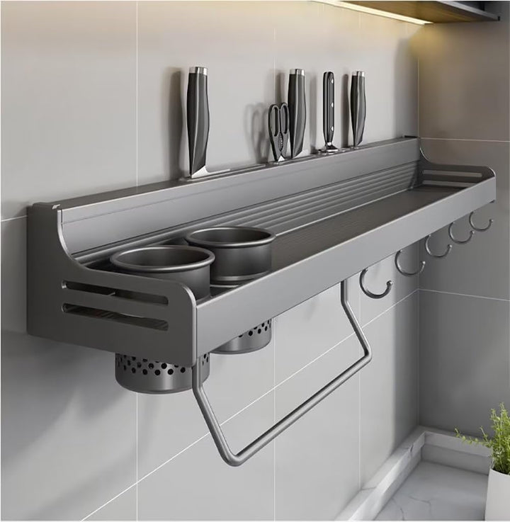 Gewürzregal,Küchenregal Wand ohne Bohren,Gewürzregal Hängend Mit 6 Haken & 2 Hängebecher Anhebbares,