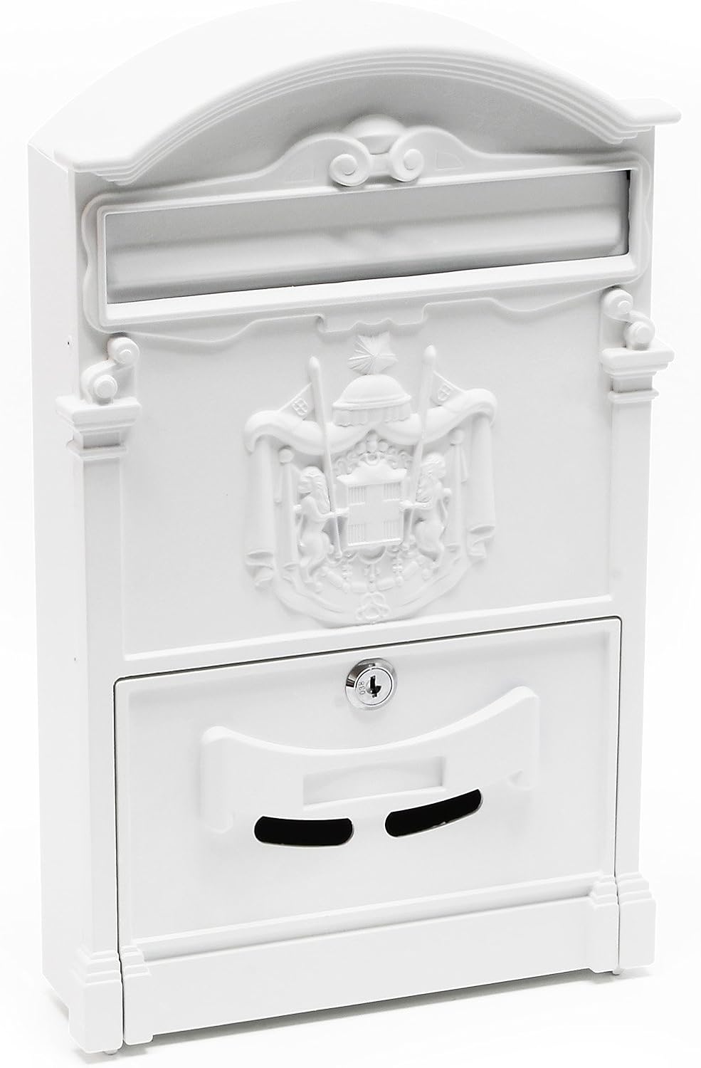 Wiltec Briefkasten Antik Design weiss 260 x 90 x 400 mm, Wandbriefkasten mit Schloss, Namensschild u
