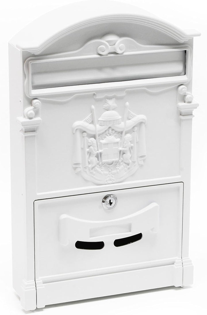 Wiltec Briefkasten Antik Design weiss 260 x 90 x 400 mm, Wandbriefkasten mit Schloss, Namensschild u