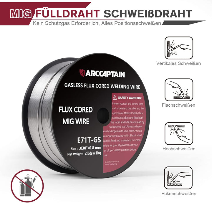 ARCCAPTIAN Fülldraht 0,8mm 1KG E71T-GS MIG Schweissdraht für Schweissgerät ohne Gas MIG/MAG FLUX Sch