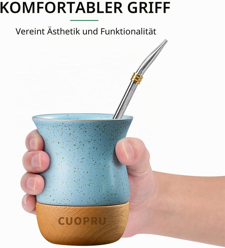 Cuopru Yerba Mate Keramiktasse mit originalem Holzsockel, 237 ml, inklusive Mate-Kürbis, Bombilla-St