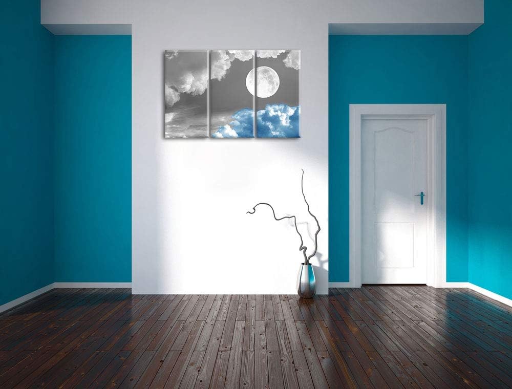 Traumhafter Vollmond über blauer Wolke schwarz/weiss 3-Teiler Leinwandbild 120x80 Bild auf Leinwand,