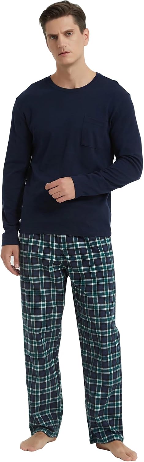 GLOBAL Herren Schlafanzüge Flanell Herren Pyjama Set Baumwolle Langarm-Pullover Oberteil und elastis