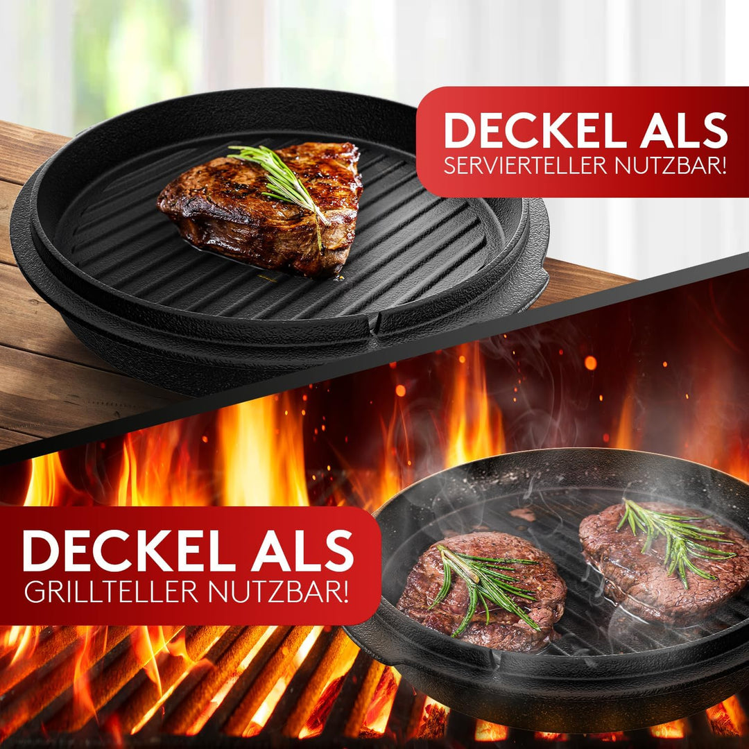 BBQ Dutch Oven [Das Original] - Dutch Oven Set [9L] – Eingebrannter Feuertopf aus Gusseisen mit Füss