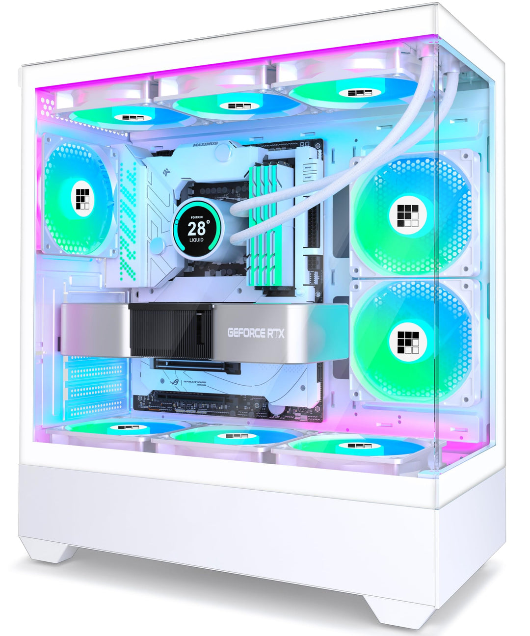 FOIFKIN PC Gehäuse - Vorinstallierter 5 PWM ARGB-Lüfter, ATX Mid-Tower Gaming PC Gehäuse, 270° Panor