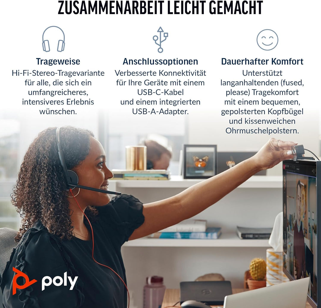 POLY Blackwire 3320 Auriculares Estéreo USB-C Negros + Adaptador de USB-C a USB-A