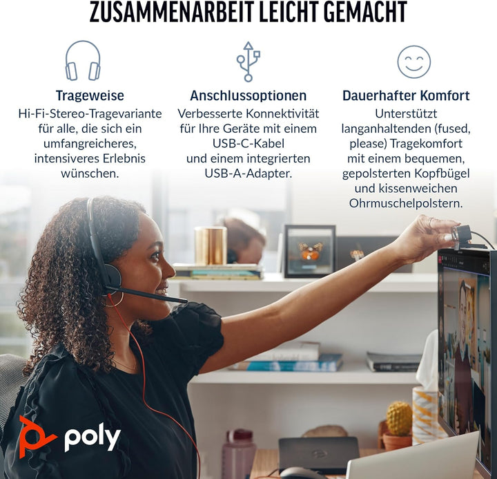 POLY Blackwire 3320 Auriculares Estéreo USB-C Negros + Adaptador de USB-C a USB-A