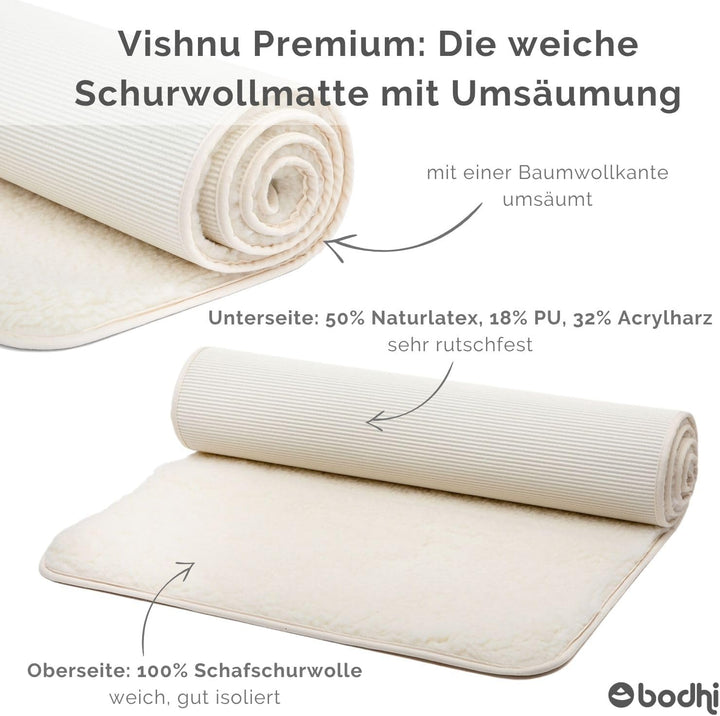 bodhi Schurwoll-Yogamatte Premium (umgesäumt) | Natur | Schurwollmatte | 100% Schafschurwolle (1200