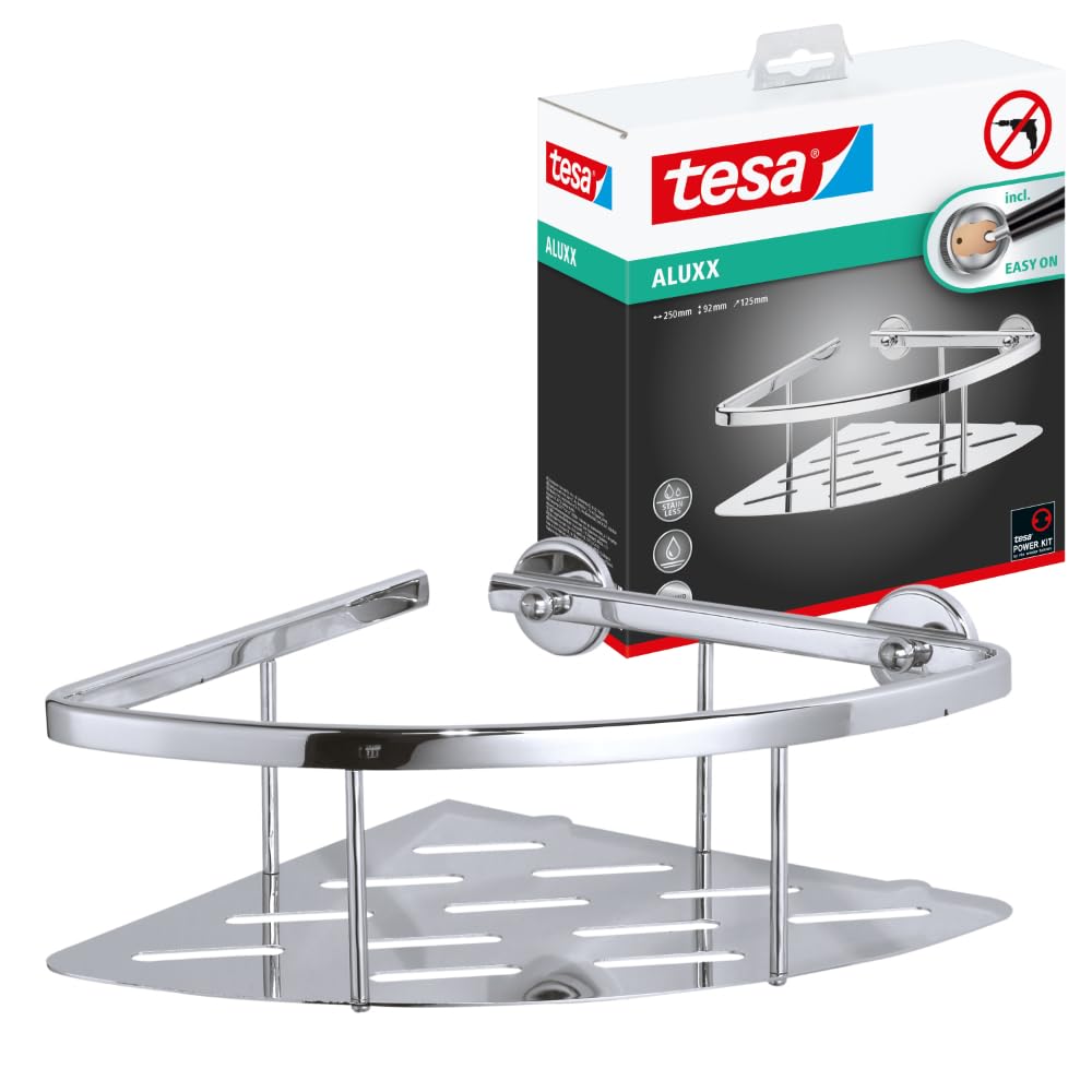 tesa ALUXX Eckablage für die Dusche, Aluminium, verchromt, rostfrei, inkl. Klebelösung, tiefer Boden