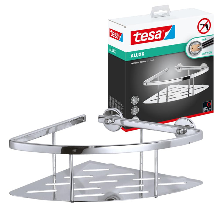 tesa ALUXX Eckablage für die Dusche, Aluminium, verchromt, rostfrei, inkl. Klebelösung, tiefer Boden