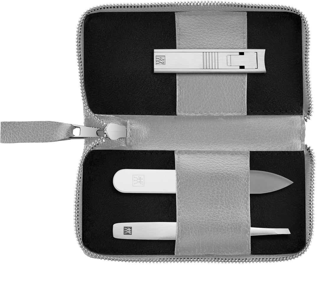 ZWILLING Maniküre Pediküre Set 3tlg., Kompakt-Nagelknipser, veganes Apfelleder-Etui, grau Nagelknips