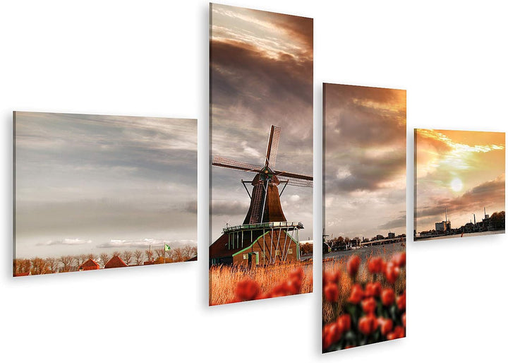 islandburner Bild auf Leinwand Traditionelle Holländische Windmühlen Mit Roten Tulpen In Zaanse Scha