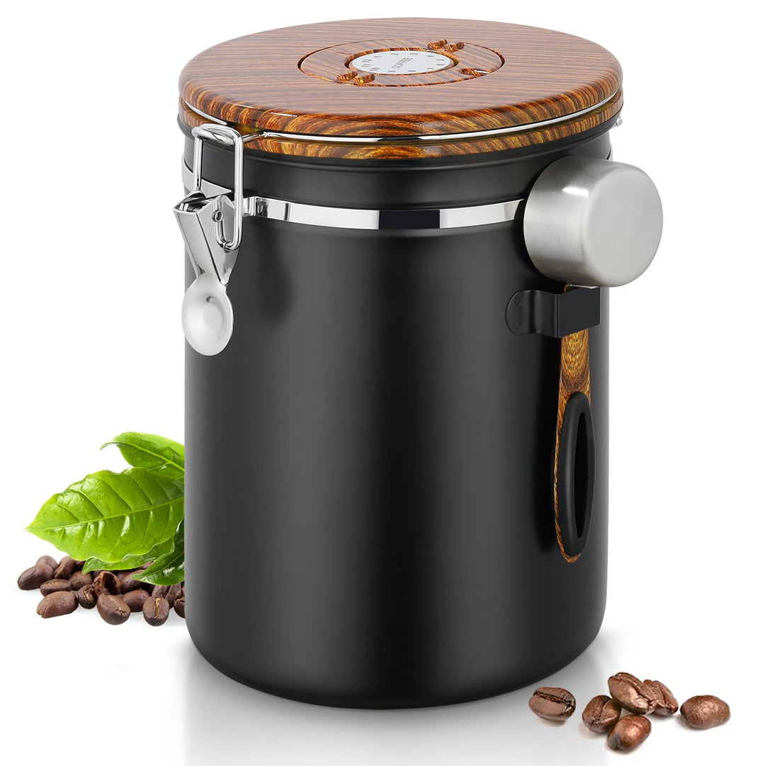 Kaffeedose Luftdicht 1kg Bohnen, 2,8 L Kaffeebohnenbehälter aus Edelstahl mit Deckel aus Holzmaserun