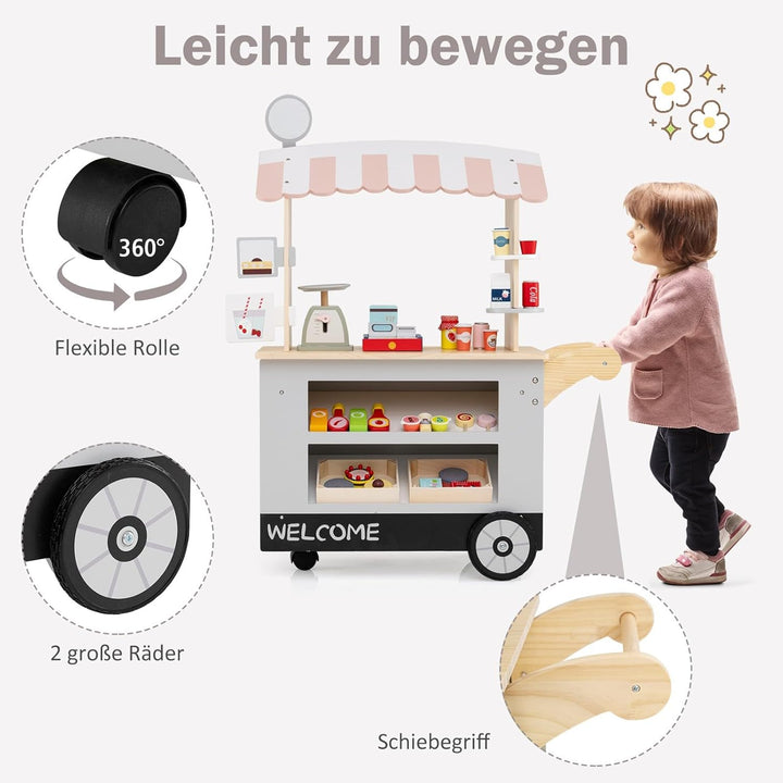 COSTWAY Kaufladen Kinder, Kaufmannsladen Holz mit 2 Ablagen, Schiebegriff & Zubehör, Einkaufsladen a