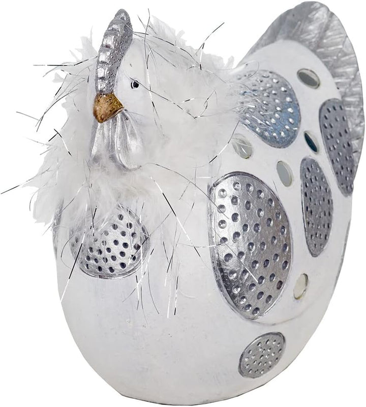 ROCKING GIFTS Dekofigur Henne aus silbernem und weissem Harz mit Federn, rustikale Innendekoration,