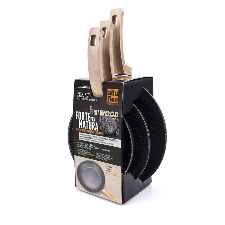 ALLUFLON Etnea Wood Anti-Haft Bratpfanne Set 20-24-28, Aluminium, Schwarz - Stein Optik 28 cm 24 cm,