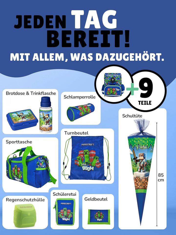 Familando - Schulranzen Set 10-teilig mit Schultüte - Minecraft - Ergonomisch, stabil & mit gepolste