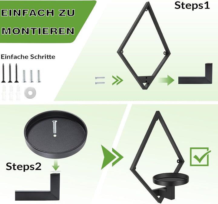 Diamant Indoor Wand Pflanzeständer 2er Set, Schwarzes Metall Pflanzengestell Hängend, Universal für