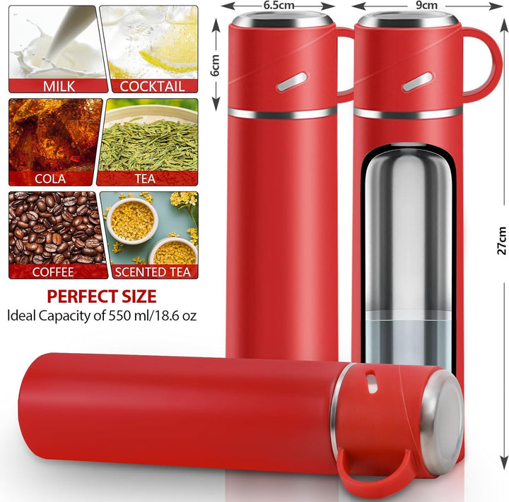 Thermosflasche Edelstahl, Thermoskanne 550ml mit Trinkbecher und Griff, Auslaufsichere Isolierte Tri