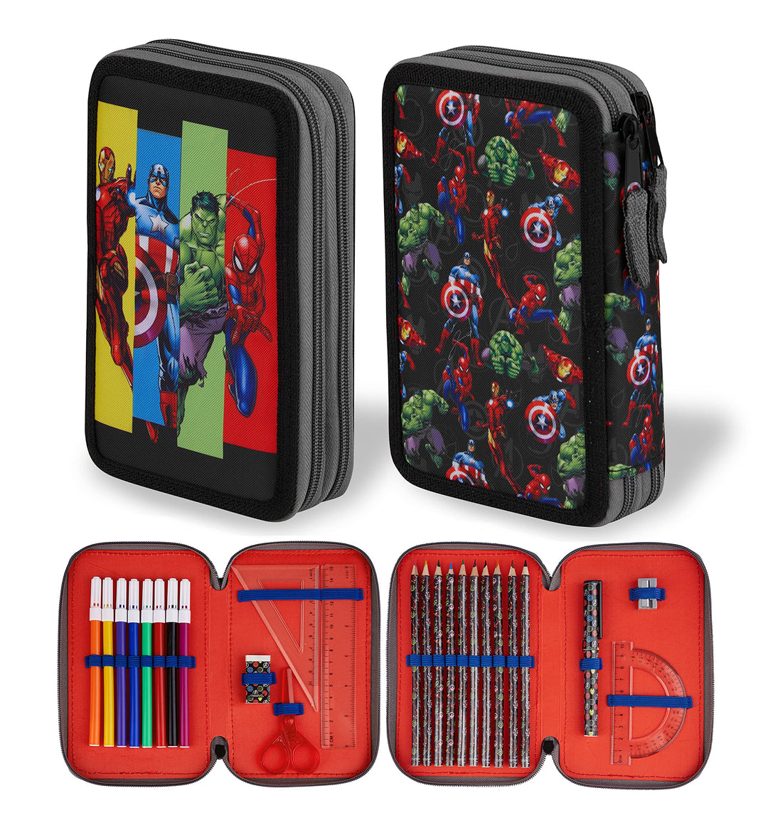 Marvel Federmäppchen für Jungen, Federmäppchen, Fächer, gefüllt, für Schule, Filz, Buntstift, Gesche