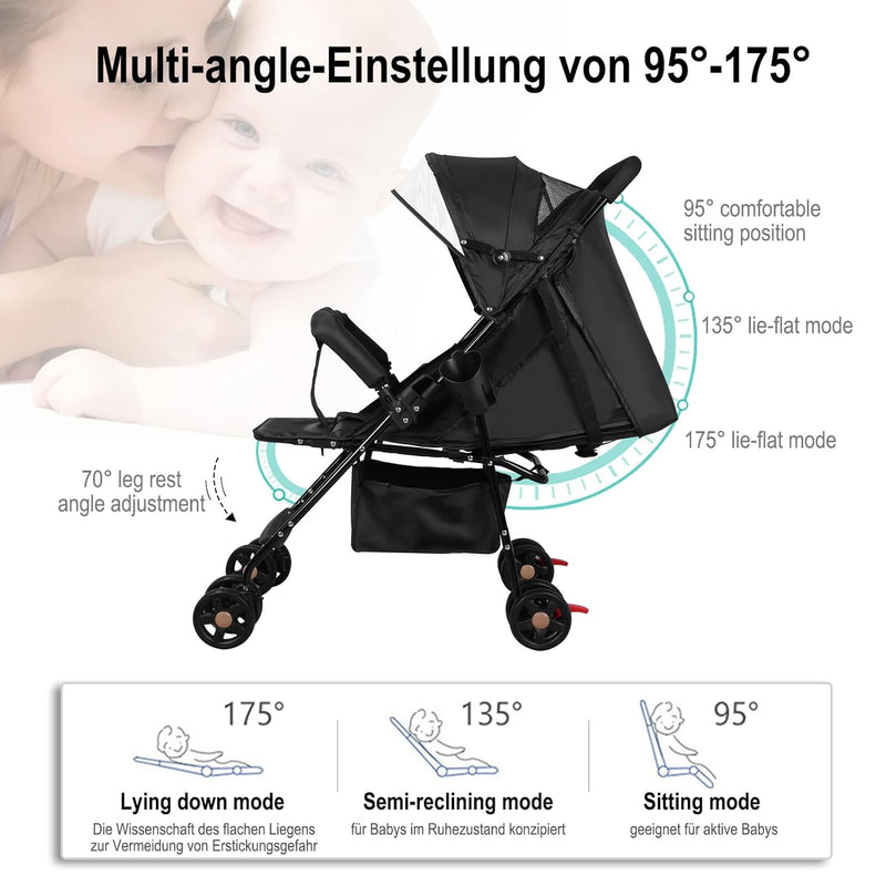 Vinteky Buggy Zusammenklappbar Kinderwagen von Geburt bis 15kg, Liegeposition, Reisebuggy mit Liegef