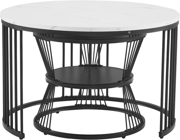 Merax Runder Couchtisch 2er Set, Moderne Beistelltisch mit Hochglanz Marmoriert für Wohnzimmer, Satz