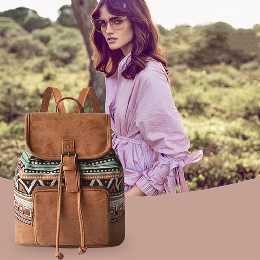 Rucksack Bohemien Klassisch Rucksackhandtaschen Klein Leder und Baumwolle Freizeitrucksack für Schul