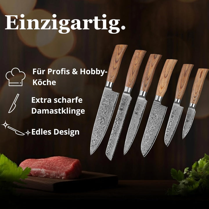 Wakoli Edib Pro 6er Damastmesser-Set mit Klingen von 8,5 - 19,70 cm Länge extrem scharf aus 67 Lagen