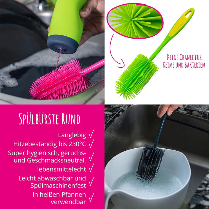 Kochblume Silikonbürsten 3er Set mit Wechselköpfen | Flaschenbürste, Spülbürste, Antibakteriell, Kei