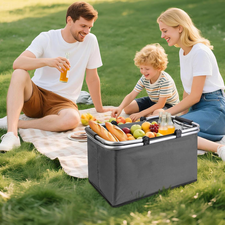 kühlkorb einkaufskorb 47L,Mit Reissverschluss isolierter, Faltbarer Picknickkorb,Klapprahmen aus Alu