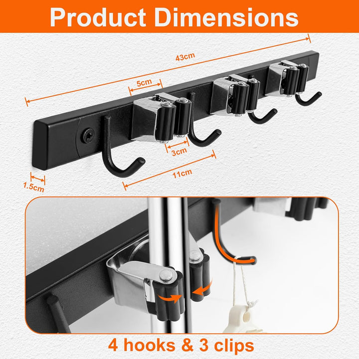 CASDUCT Besenhalterung Wand, 4 Haken + 3 Clips, Schwarz, Schwerlast Gerätehalter mit Einem Ablagefac