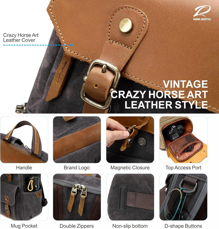 Padwa Lifestyle Schwarzer Grauer Kamerarucksack - Wetterfeste Kameratasche aus Gewachstem Memory Can