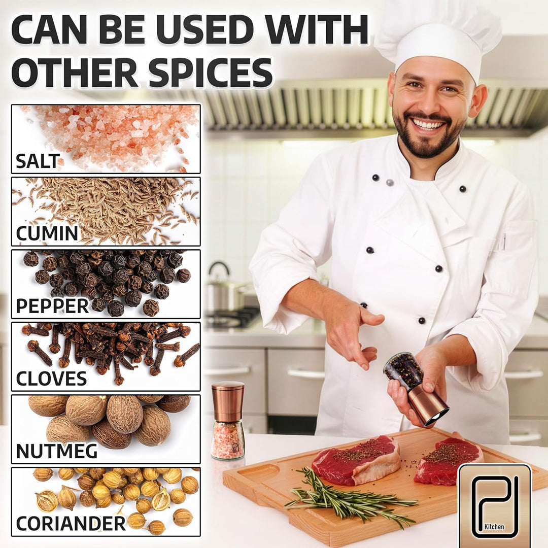 Premium Salz- und Pfeffermühle-Set - Beste kupferfarbige Edelstahl-Mühle, Handliche Magnetdeckel, Ke
