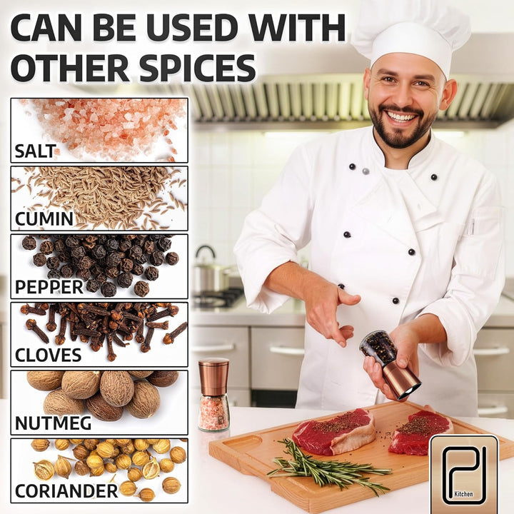 Premium Salz- und Pfeffermühle-Set - Beste kupferfarbige Edelstahl-Mühle, Handliche Magnetdeckel, Ke