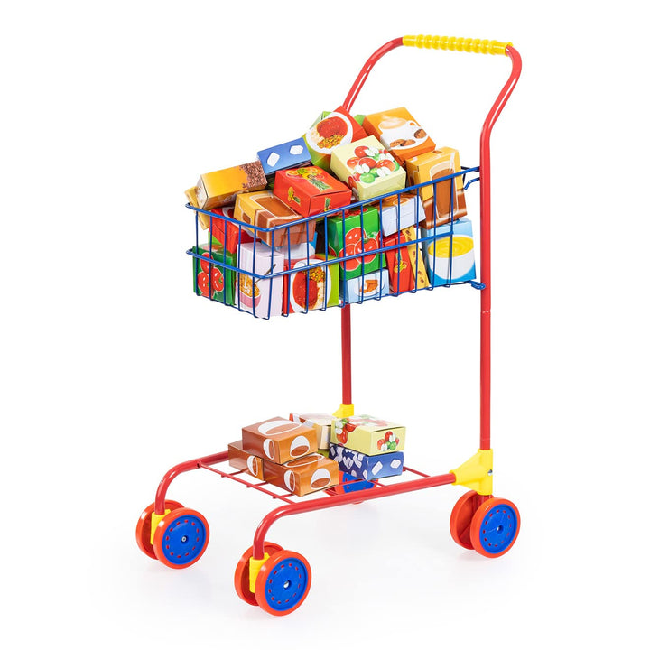 Bayer Design 75002AA Spielzeug Einkaufswagen, integriertem Puppensitz, Kaufladenzubehör, bunt/Inhalt