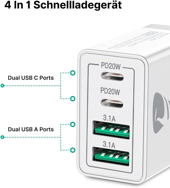 2er Pack USB C Ladegerät, Aioneus 40W Schnellladegerät 4 Ports PD+QC Netzteil, Mehrfach USB C Power