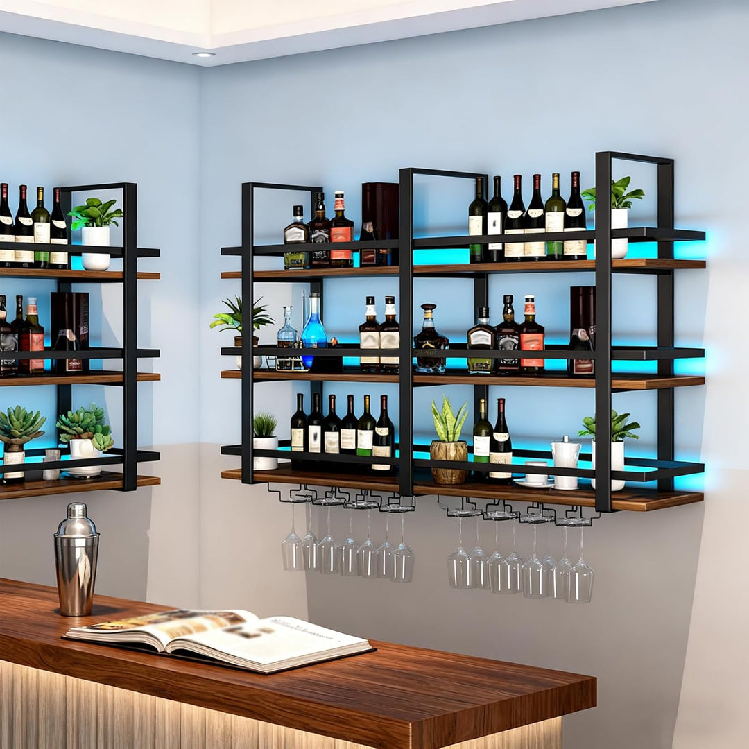 Weinregal Wand mit Glashalter, 3 Ebenen Industriell Wandmontierte Weinregal mit LED, Metallflaschenh
